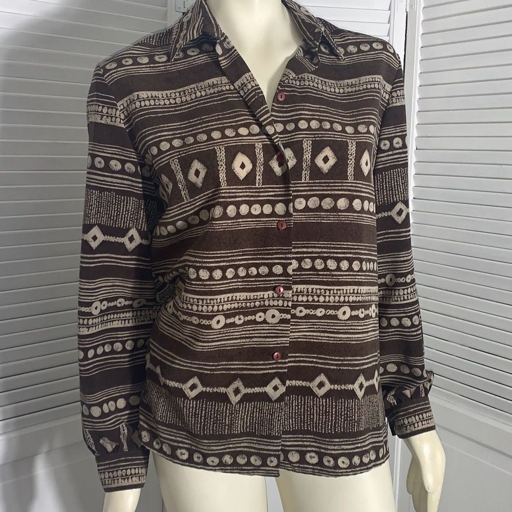 Vintage TanJay Brown Aztec Tribal Button Down Womens Top sz 10‎
